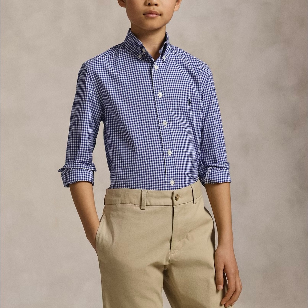 ✨ Boys’ Gingham Cotton Poplin Shirt – Size 6 (Blue)